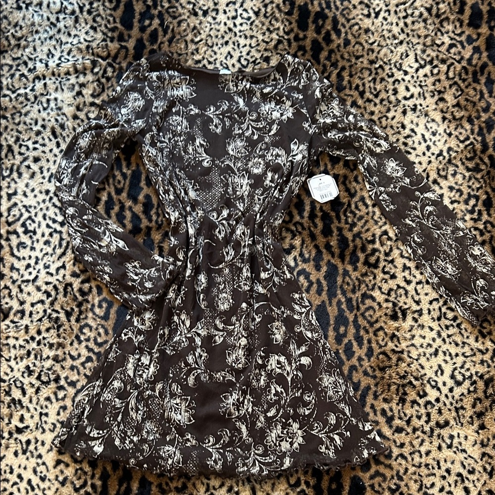 Dark Brown, Floral, Longsleeve Mini Dress
